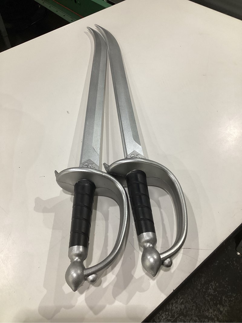 Condition photo showing As Is for Set of Two 30-Inch Foam Pirate Cutlass Swords - Perfect for Cosplay, Role-Playing, and Halloween Costume Props. Safe and Durable Training Swords for Teenagers and Adults