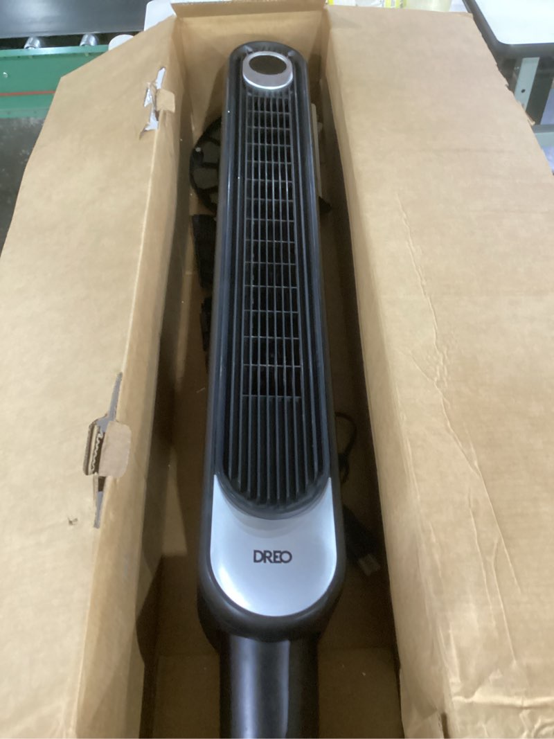 Condition photo showing As Is for not tested**** dreo tower fan and heater combo, 29.2ft/s standing fans for bedroom, 17 levels, 6 modes, 120° oscillation, 42 inch, 12h timer, 25db quiet, with remote, for office, large room, black