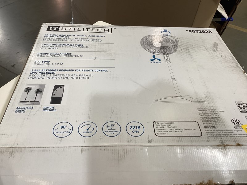 Condition photo showing As Is for utilitech 18-in indoor oscillating pedestal fan, in black with remote