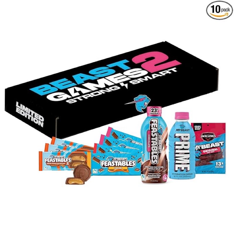 Feastables Beast Games Season 2 Snack Bundle, 10 Count, MrBeast Chocolate Bars & Cups, Protein Milk, Hydration Drink & Beef Jerky