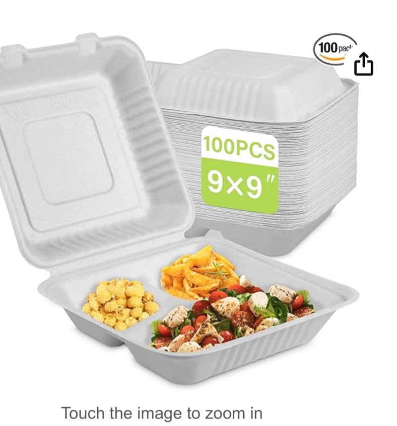 9x9 Clamshell Food Containers, 100 Pack Disposable Take Out Food Container With 3 Compartments, Compostable To Go Boxes, Eco Friendly To Go Containers With White Bagasse