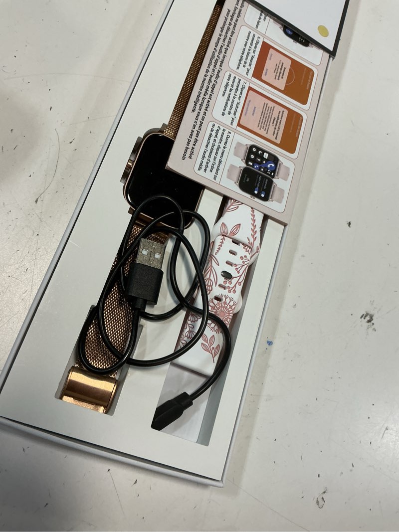 Condition photo showing Good Condition for smart watch for women, 1.85"hd fitness tracker (answer/make call/messages), 130+ sport modes with 24/7 heart rate/sleep monitor/pedometer, ip68 waterproof, smartwatche for android&ios (rose gold)