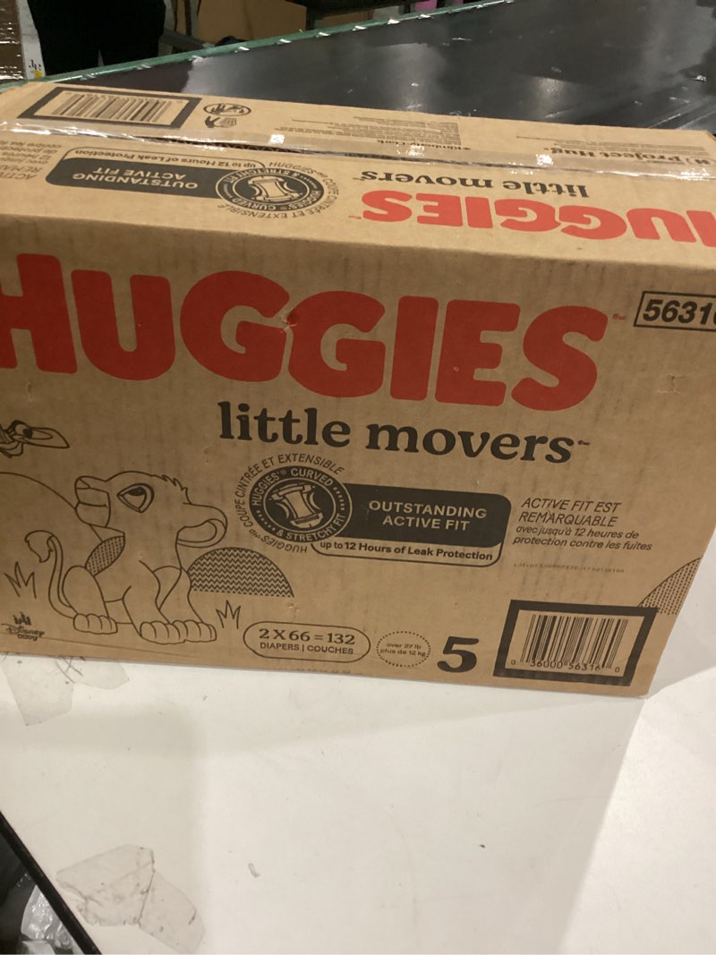 Condition photo showing As Is for Huggies Size 5 Diapers, Little Movers Baby Diapers, Size 5 (27+ lbs), 132 Count (2 Packs of 66), Packaging May Vary Size 5 132