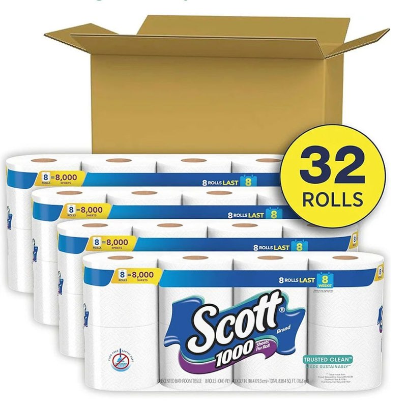 Scott 1000 Toilet Paper, 4 x 8 Rolls 32 Rolls #54350