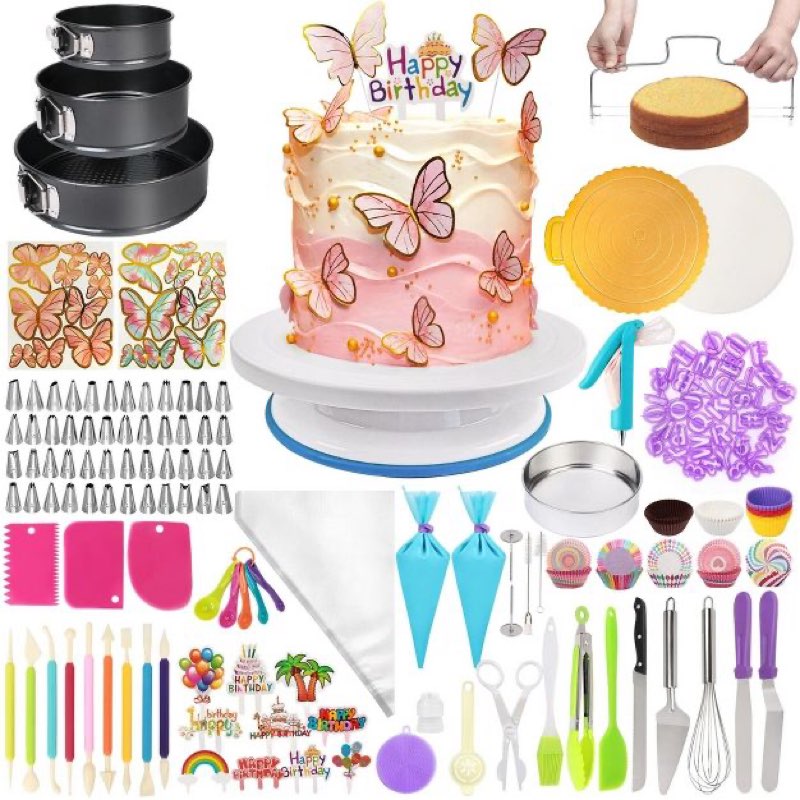 lotfancy cake decorating kit, cake baking supplies set with rotating turntable, 3 springform pans