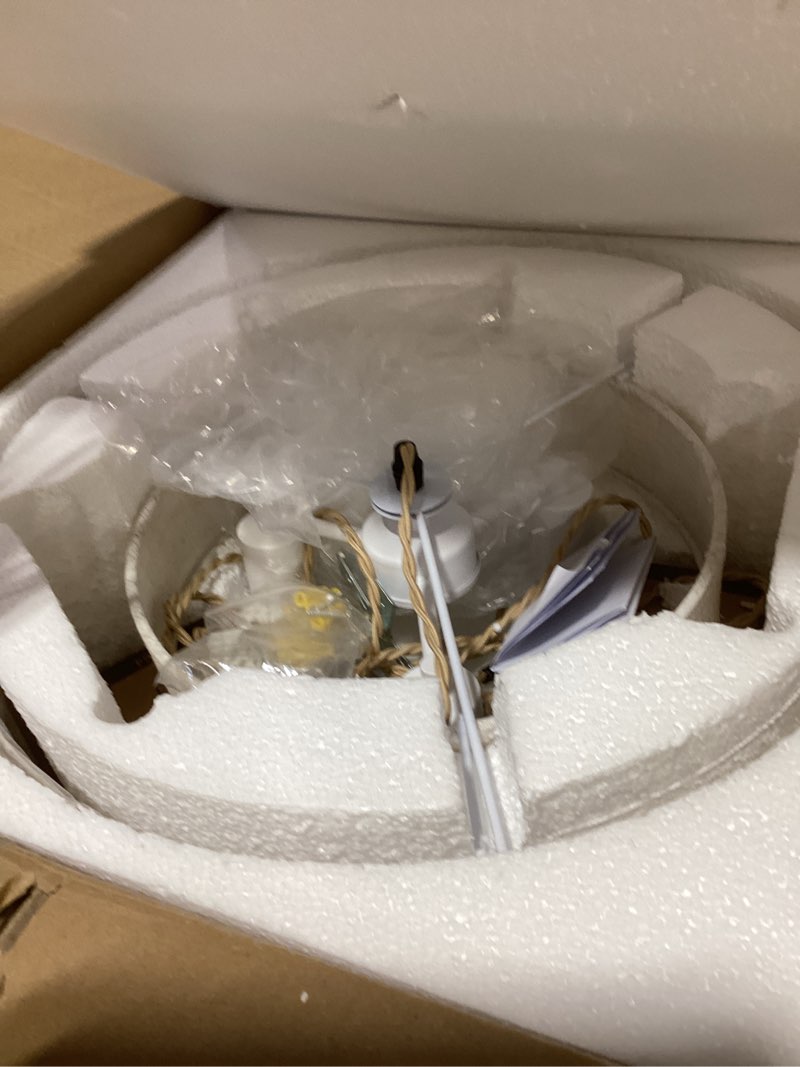 Condition photo showing As Is for Plug in Pendant Light, 2-Tier Drum Linen Pendant Light with 15ft Hemp Rope Cord, E26 On/Off Switch, 18" Plug in Hanging Chandelier for Dining Room Kitchen, Includes Bulbs