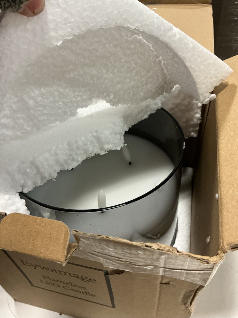 Condition photo showing Good Condition for Eywamage 3 Wick Smoke Grey Glass Flameless LED Candle with Remote, Flickering Large Battery Pillar Candle Decor ? 6" H 6"