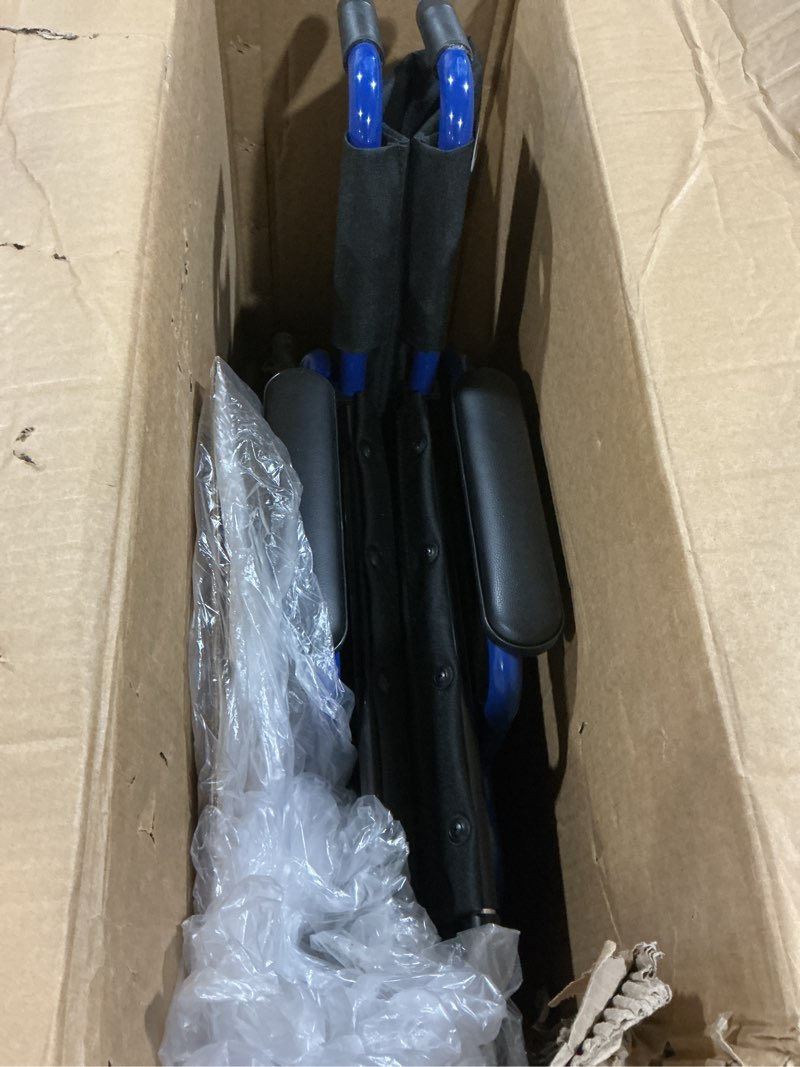 Condition photo showing Good Condition for drive medical blue streak lightweight wheelchair - portable folding mobility aid - swing-away footrests - desk arms - durable steel frame - easy transport & storage - 18-inch seat 18 inch