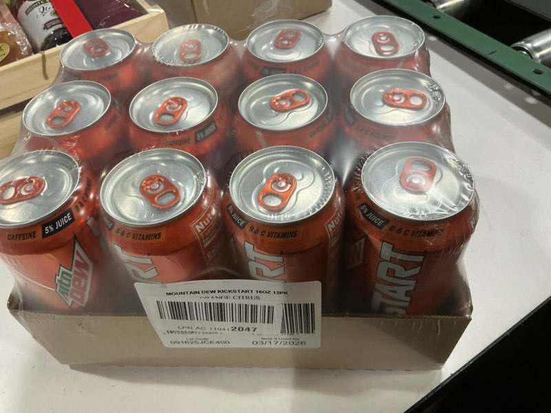 Condition photo showing New/Like New for  Best by:03/17/2026 Mountain Dew Kickstart, Orange Citrus, 92mg Caffeine, Vitamins B & C, 80 Calories, 5% Juice, 16 Fl Oz (Pack of 12) Orange Citrus 16 Fl Oz (Pack of 12)