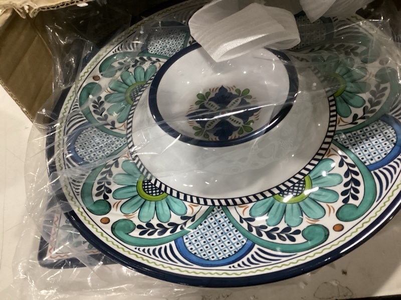 Condition photo showing Good Condition for Talavera 3-Piece Melamine Hostess Serveware Set – Chip & Dip Server, 3-Section Relish Tray, and 19" Rectangular Platter – Colorful Southwest Serving Set for Entertaining & Outdoor Dining