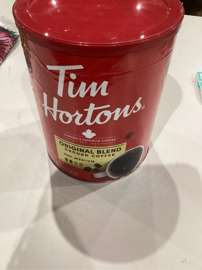Condition photo showing New/Like New for Tim Hortons Original Blend, Medium Roast Ground Coffee, Canada’s Favorite Coffee, Made with 100% Arabica Beans, 48 Ounce Canister