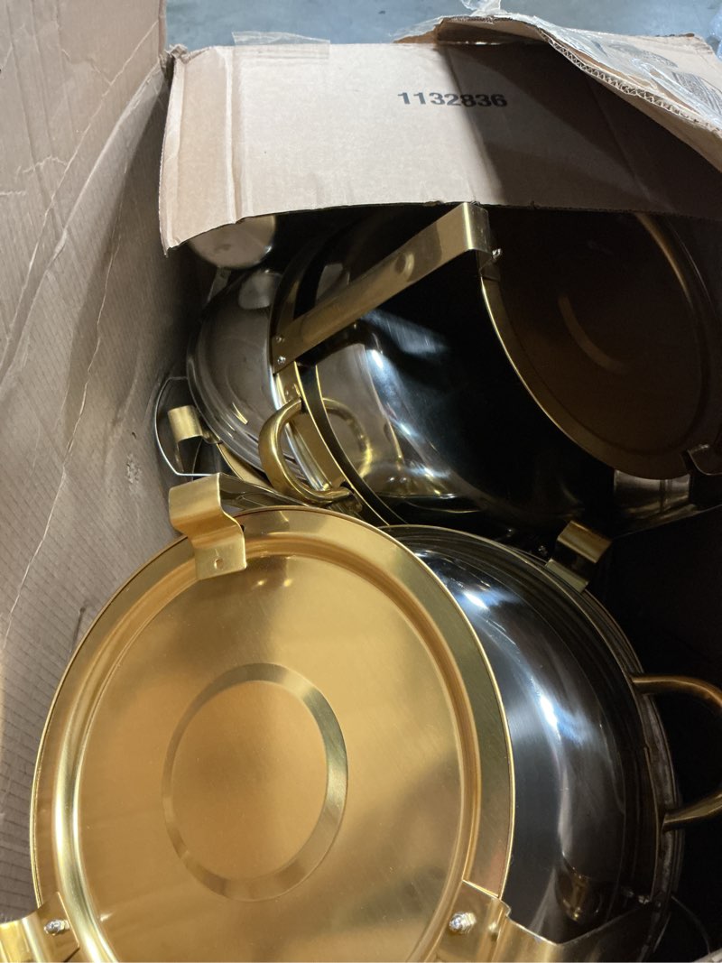 Condition photo showing As Is for chafing dishes for buffet 4 pack, 6qt gold stainless steel round chafing dish, food warmers buffet set with durable frame and easy assembly, for parties, weddings, christmas gatherings, catering