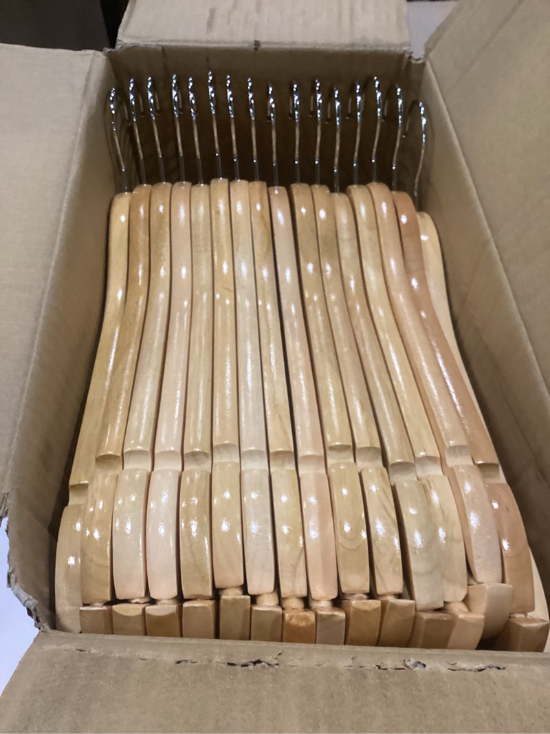Condition photo showing Good Condition for amber home 30 pack wooden coat hangers, natural wood suit hangers with non-slip pant bar, clothes hangers for closet organization, shirts, jackets, dresses, and pants (natural, 30) natural 30