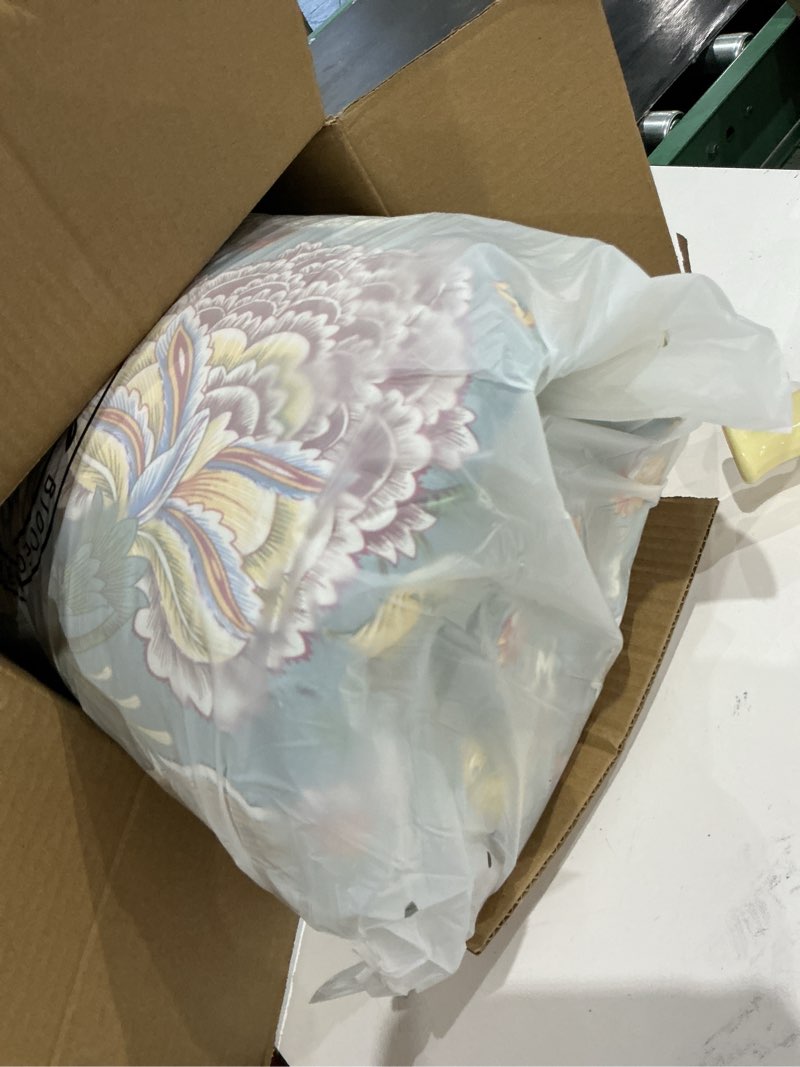 Condition photo showing Good Condition for levtex home angelica reversible king/cal king comforter set (106x94in) with 2 pillowcases (36x20in) - floral bedding - blue grey, coral - 100% cotton king size comforter set - soft, pre-washed grey comforter - king