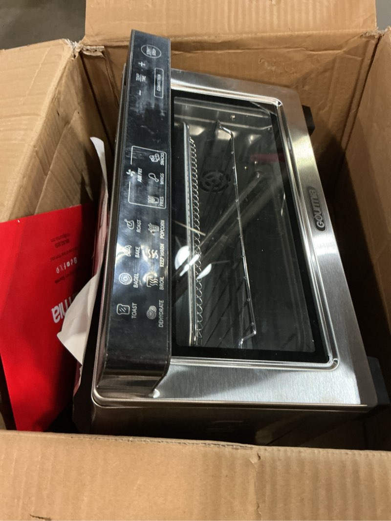 Condition photo showing As Is for Gourmia Toaster Oven Digital Air Fryer - Convection Mode with 4 Slice Capacity, 3 Rack Positions, 12 Presets, Toast, Bagel, Bake, Roast, Broil, Dehydrate, Popcorn, Fits 9" Pizza, Stainless Steel Large Silver