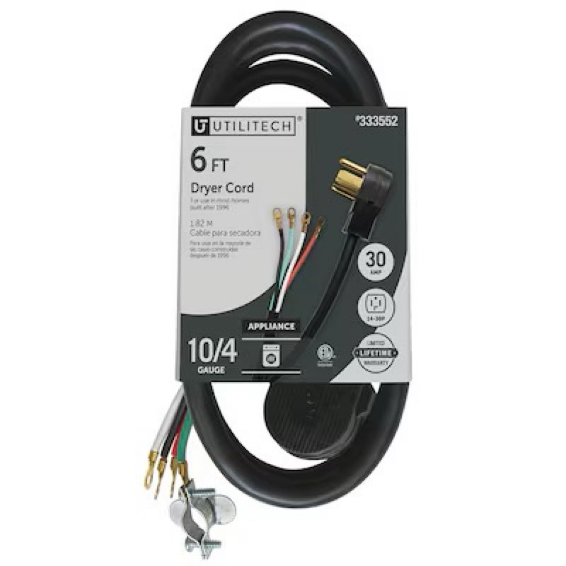 utilitech 6-ft 30 -amp 4 -prong black dryer appliance power cord