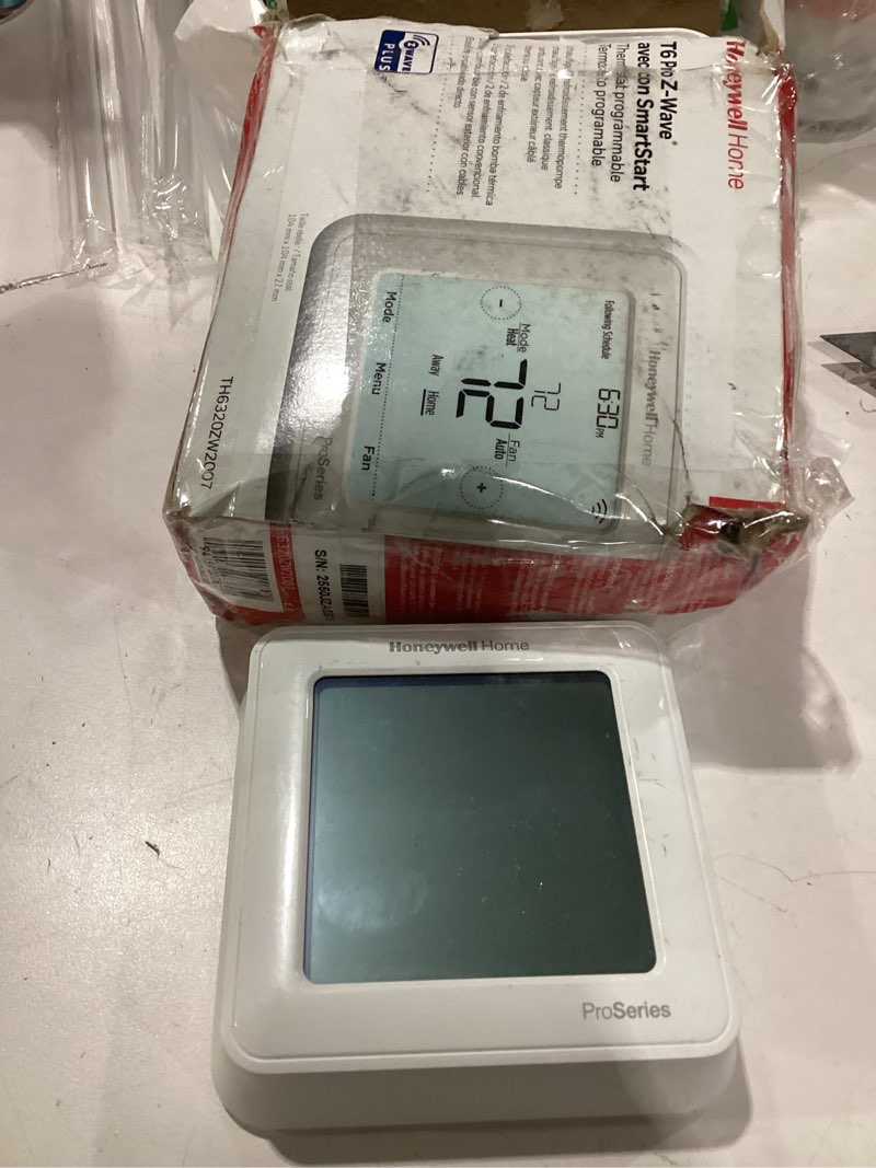Condition photo showing As Is for not tested honeywell home th6320zw2007/u z-wave t6 pro programmable touchscreen thermostat with smartstart, low voltage, uwp mounting system, cover plate, color - white