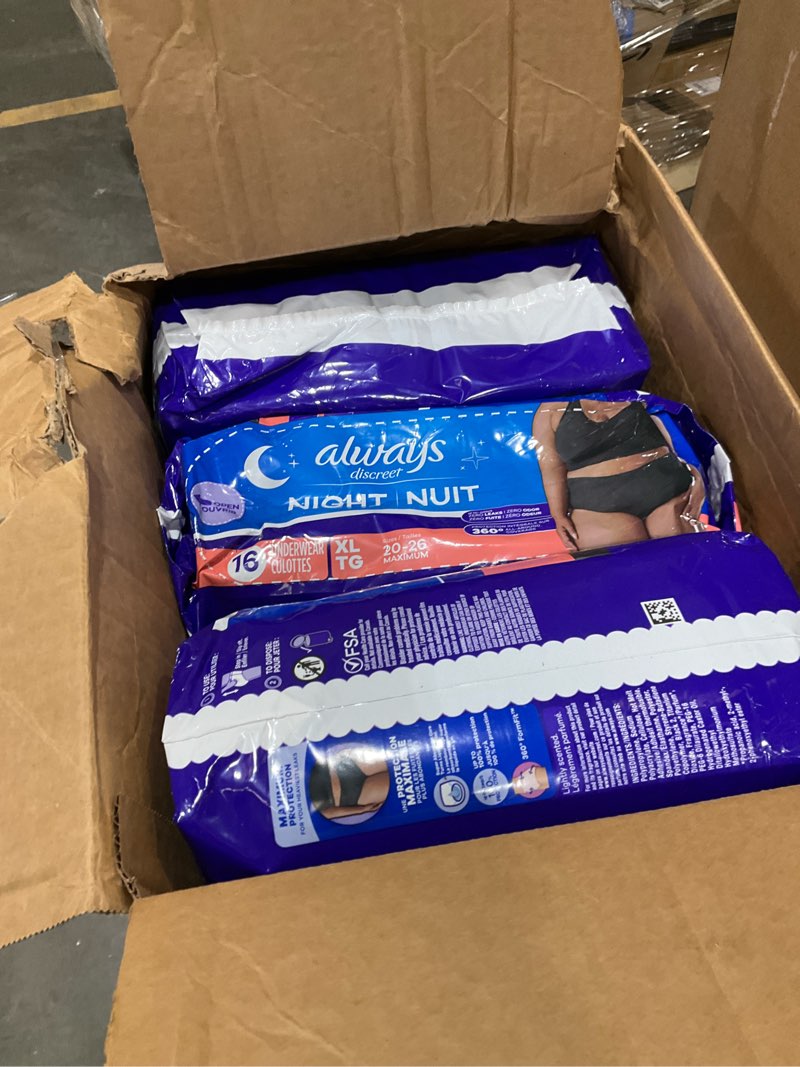 Condition photo showing New/Like New for Always Discreet Adult Incontinence Overnight Underwear for Women, Extra Large, Up to 100% Bladder Leak Protection, 48 Count (3 Packs of 16) X-Large 48