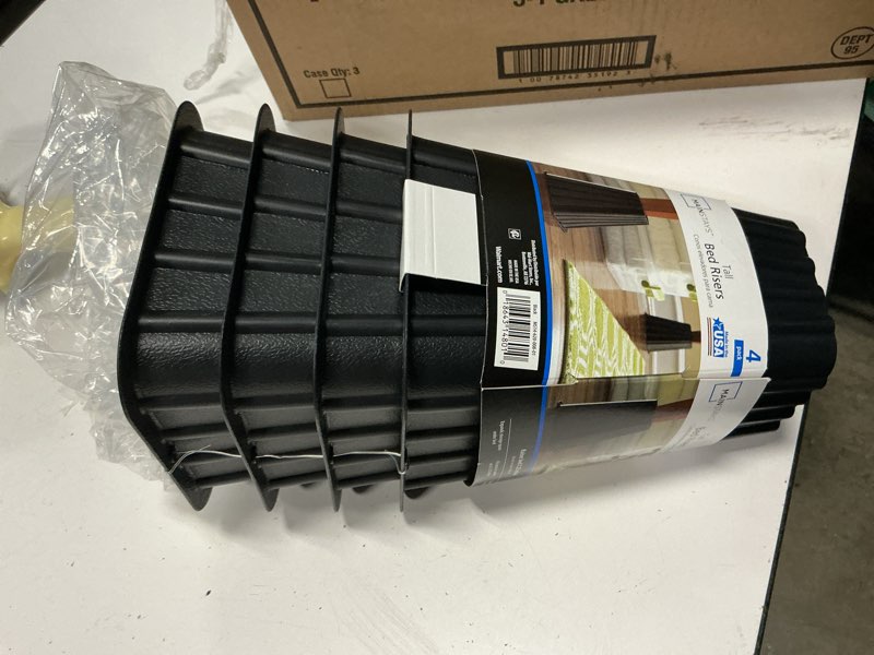 Condition photo showing Good Condition for mainstays home management tall bed risers, black, 4-pack, assembled size 6.75 in x 6.75 in x 8 in