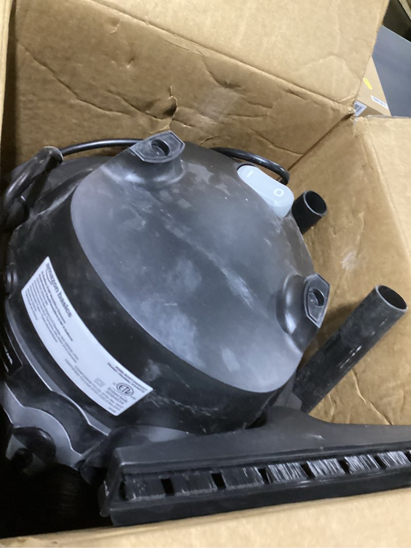 Condition photo showing As Is for amazon basics 4 gallon, 3 hp stainless steel wet/dry vacuum, grey/black