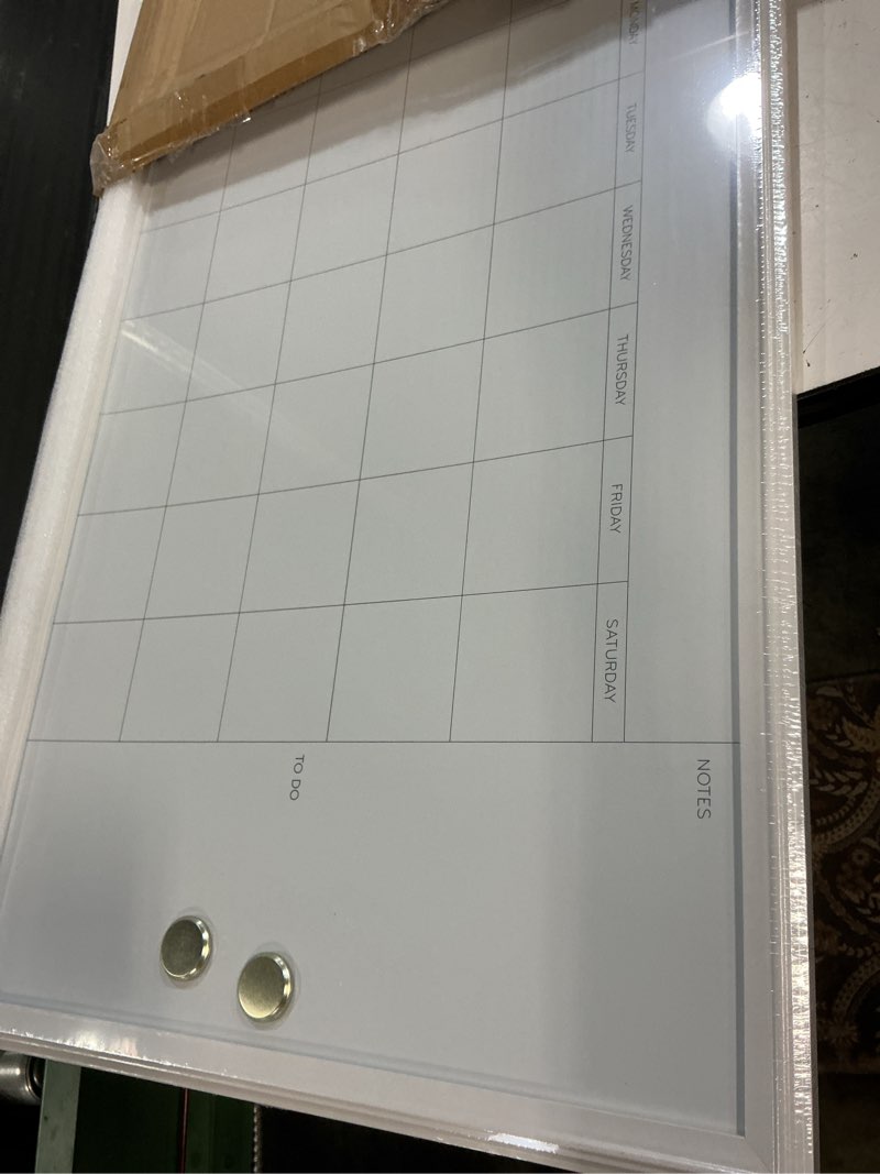 Condition photo showing New/Like New for u brands magnetic dry erase calendar white board, 30" x 20", white wood style frame, includes magnets 30"w x 20"h