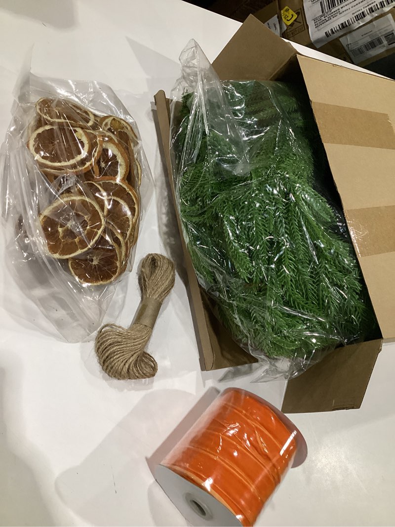 Condition photo showing Good Condition for 16 ft Christmas Artificial Norfolk Garland Real Touch Norfolk Pine Staircase Garland with 50 Pcs Dried Orange Slice 99 ft Velvet Ribbon Realistic Decor for Indoor Outdoor Xmas Stair Mantle Fireplace