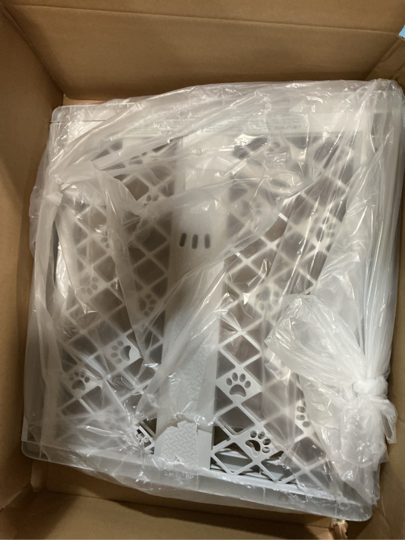 Condition photo showing As Is for mypet north states paws portable pet gate: 26-40" wide. pressure mount. no tools needed. made in usa. dog gate 23" tall, expandable, durable dog gates for doorways, light gray