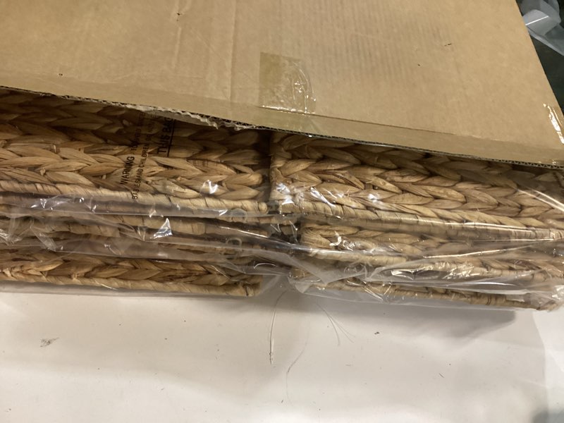 Condition photo showing New/Like New for 12x12x10 Water Hyacinth Storage Basket Large, Folding Cube Woven Wicker Storage Basket for Shelves, Pantry Baskets Organization and Storage, Kitchen Storage Baskets, Large Rattan Basket Set of 3