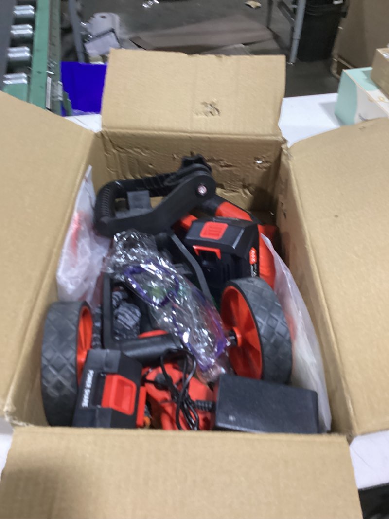 Condition photo showing New/Like New for cordless weed wacker with wheels, 650w electric weed trimmer, 2x2.0ah 21v battery powered, 3 types blades weed eater brush cutter, string trimmer lawn mower edger tool for garden yard