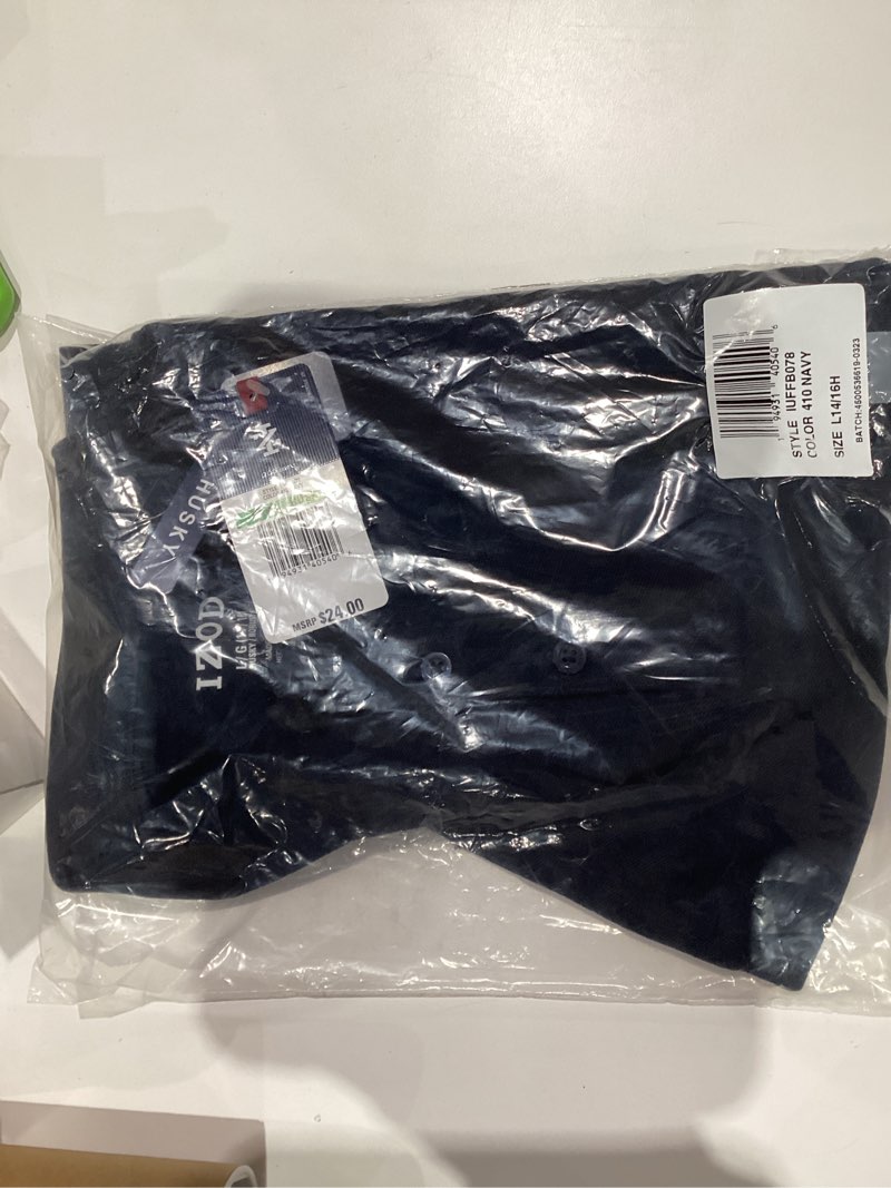 Condition photo showing New/Like New for IZOD Boys School Uniform Adaptive Short Sleeve Polo Shirt, Velcro Closure & Faux Buttons, Comfortable Fabric 14-16 Husky Navy Pique