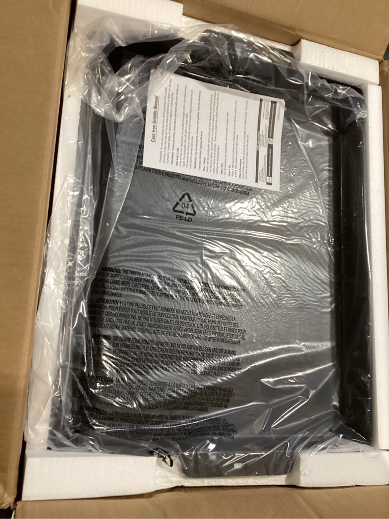 Condition photo showing Good Condition for Updated Cast Iron Griddle for Gas Grill, 23" x 16" Large Matte Porcelain Enamel Griddle for Gas & Charcoal Grills, Universal Flat Top Plate with Extra High Sidewalls for Camping, Tailgating, Parties 23" x 16" x 2.6"