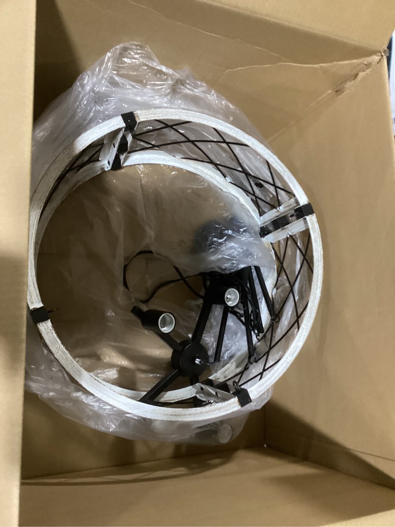 Condition photo showing As Is for 21'' Farmhouse Chandelier, 5-Light Black & Vintage White Dining Room Light Fixture Over Table, Rustic Industrial Drum Hanging Pendant Lights for Kitchen Island Living Room Bedroom Hallway Entryway White Oak/5-Light
