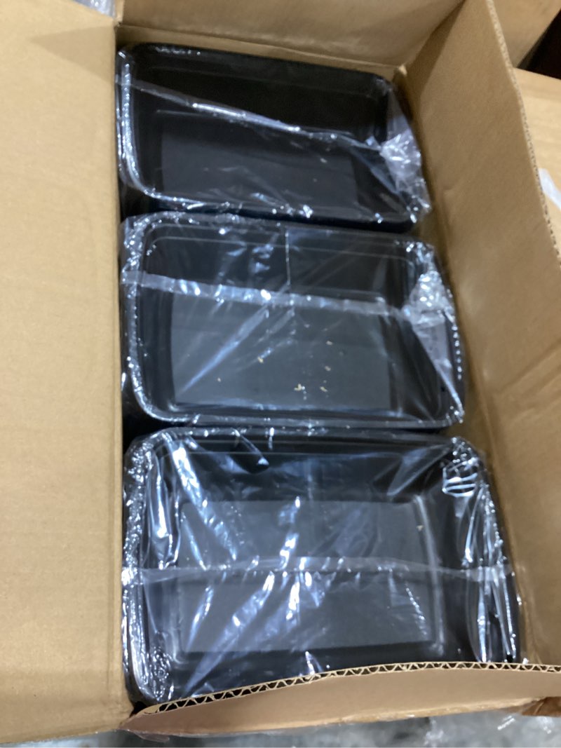 Condition photo showing Good Condition for 50 pack (100-piece) 32 oz meal prep containers reusable with easy open lids, sturdy leakproof food safe, microwave freezer dishwasher safe, to go take out plastic food storage pans with lids, black