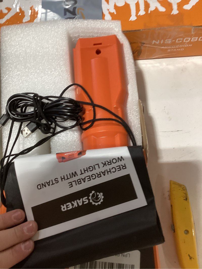 Condition photo showing As Is for Saker Portable Camping Light with Stand 73.2" Rechargeable Work Light 800/3200 Lumen 4000/6500K Dimmable Emergency Flashlight for Garage, Outdoor Work, Power Outages, Fishing LD10 Orange LD10-12000mAh