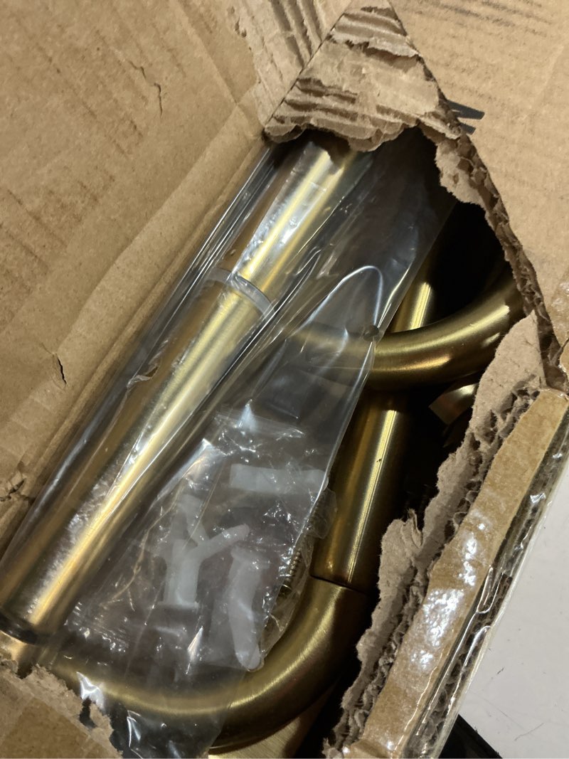 Condition photo showing As Is for 2 pack 1inch diameter wrap around curtain rods, 28-48inch adjustable length room darking curtain rods with aluminum finials and brackets, warm gold 28-48" warm gold