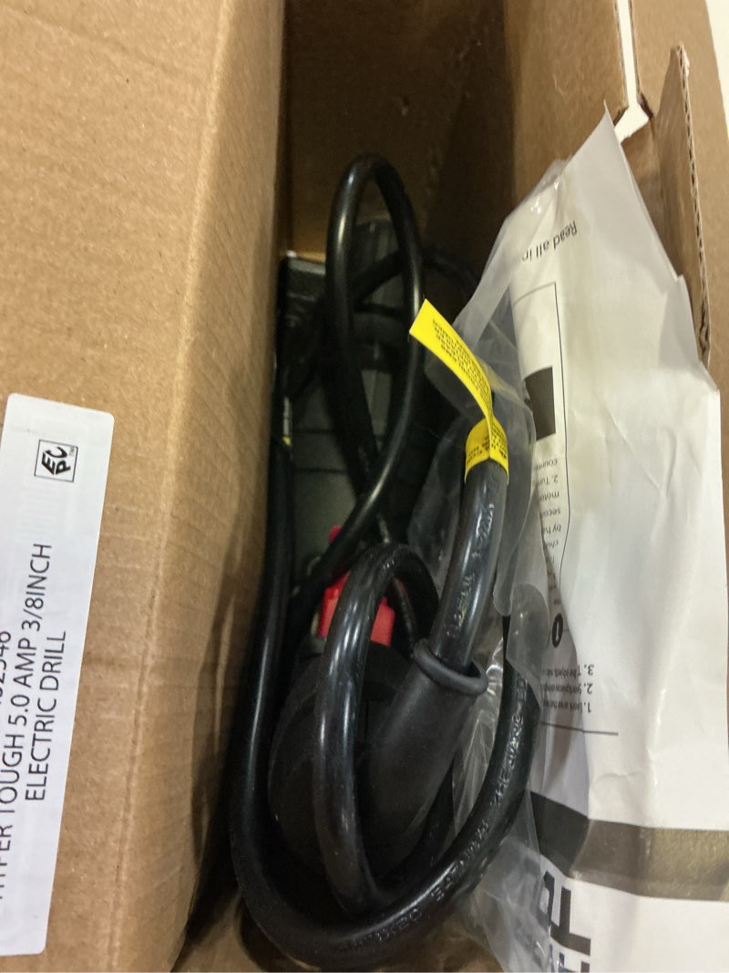 Condition photo showing As Is for hyper tough 5.0amp, 120 volts 3/8 inch electric drill, new condition
