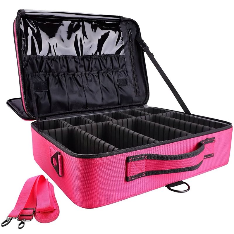 gzcz large capacity travel makeup train case 16.5 inches professional makeup cosmetic case portable artist cosmetics brushs organizer storage bag with adjustable dividers and shoulder strap (black) large black