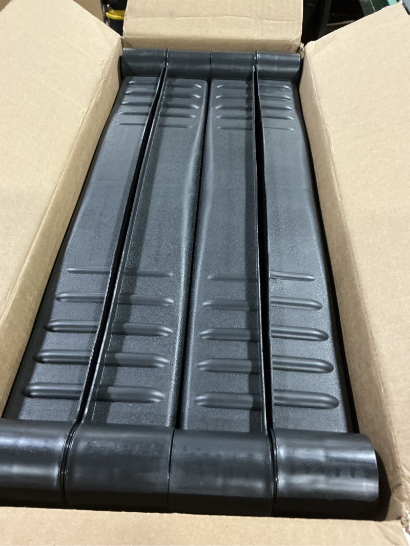 Condition photo showing New/Like New for plano 4-shelf plastic storage shelves, 48” x 23” x 14”, 200lb capacity, pantry, office, closet and garage shelves, easy to assemble, durable plastic shelving unit