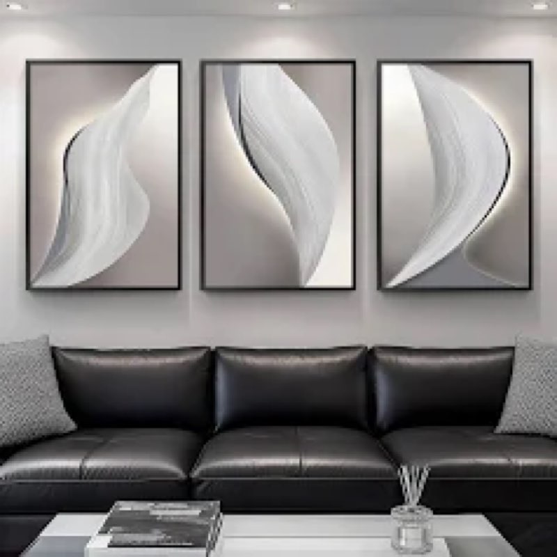 Framed Modern Gray Abstract Wall Art for Living Room, Set of 3 Piece Black and White Canvas Painting