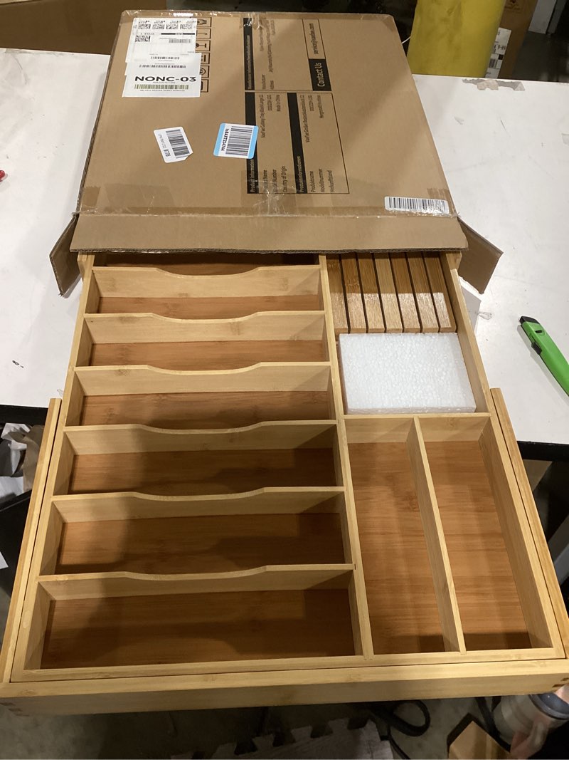 Condition photo showing Good Condition for VaeFae Extra Large Kitchen Utensil Holder, Bamboo Silverware Drawer Organizer, Expandable Cutlery Organizer with Knife Block, Multifunctional Drawer Divider (10-12 compartments) 20.6" to 35.04" wide