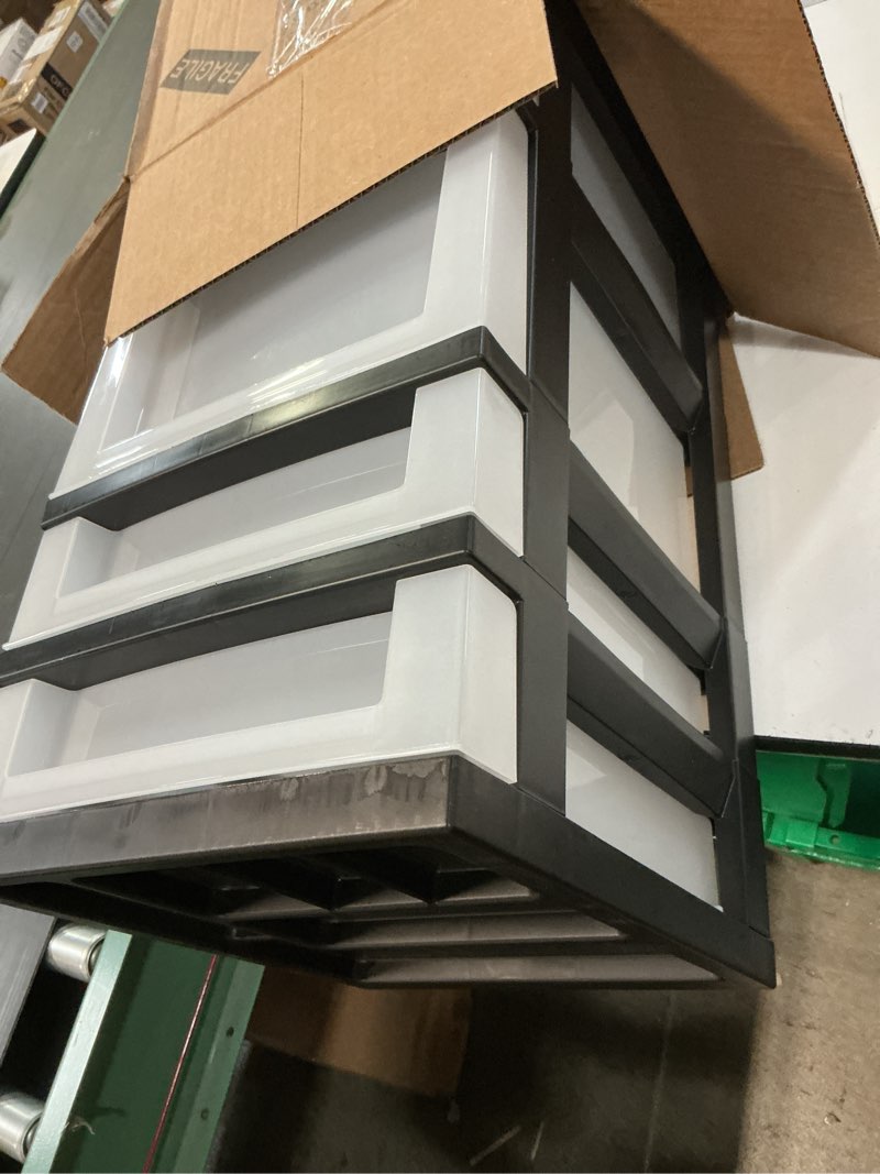 Condition photo showing Good Condition for IRIS USA Plastic Drawer Storage Organizer Rolling Cart, with Wheels Casters, 4-Drawers, for Classroom Art Craft Supplies Dresser Closet Bathroom Laundry Room, Black/Pearl 4 Drawer with Wheels