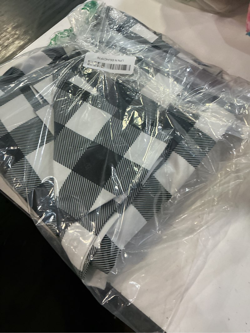 Condition photo showing As Is for smiry picnic table cloth 2 pack, waterproof elastic fitted tablecloths for 36x60 rectangle tables, washable polyester buffalo plaid tablecloth for camping, dining & outdoor (black & white, 36" x 60") 36" x 60" black and white