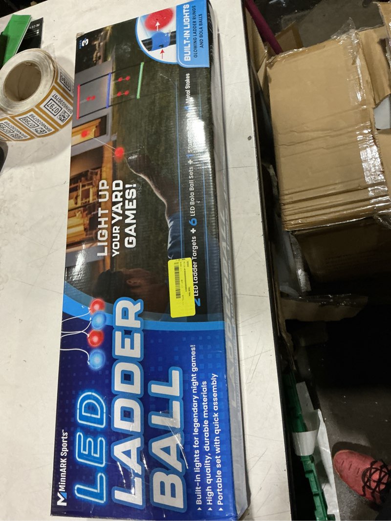 Condition photo showing As Is for led ladderball  light-up outdoor toss game  plastic  includes ladders  bolas  and storage bag  for all ages  by minnark