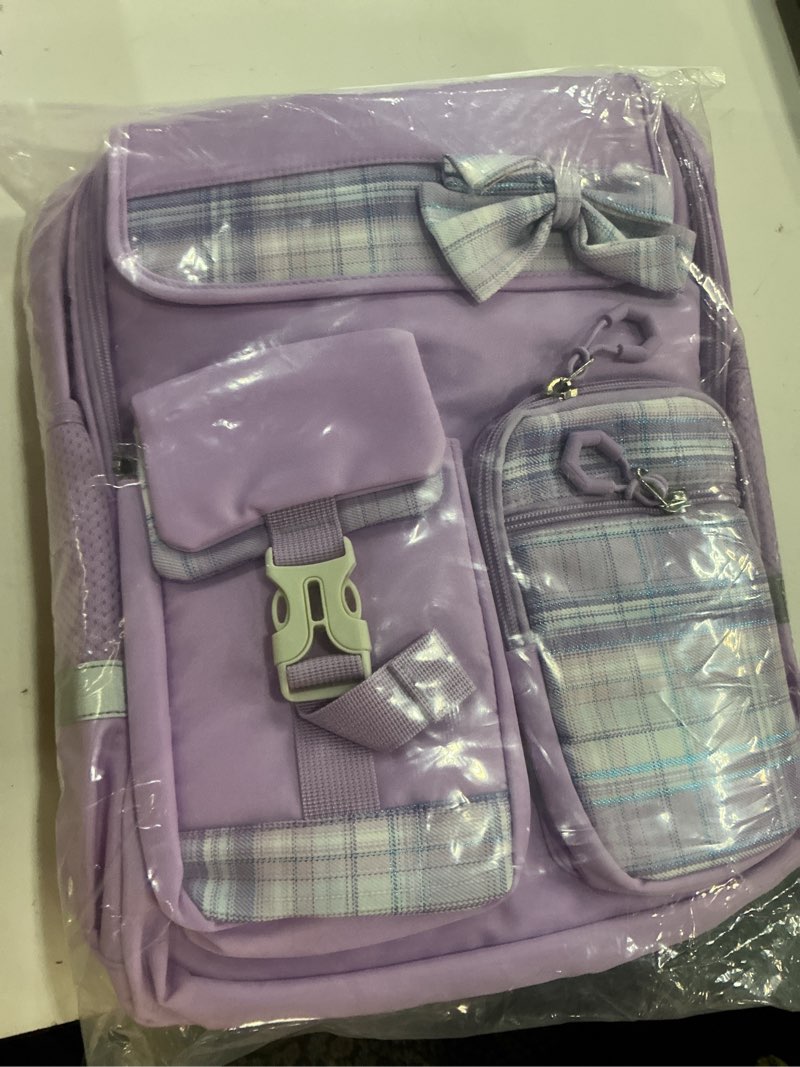 Condition photo showing New/Like New for kids backpack for girls, cute plaid large capacity bookbag for students teens preppy aesthetic kawaii bow elementary primary middle school book bag 6-8 8-10 10-12 (purple)