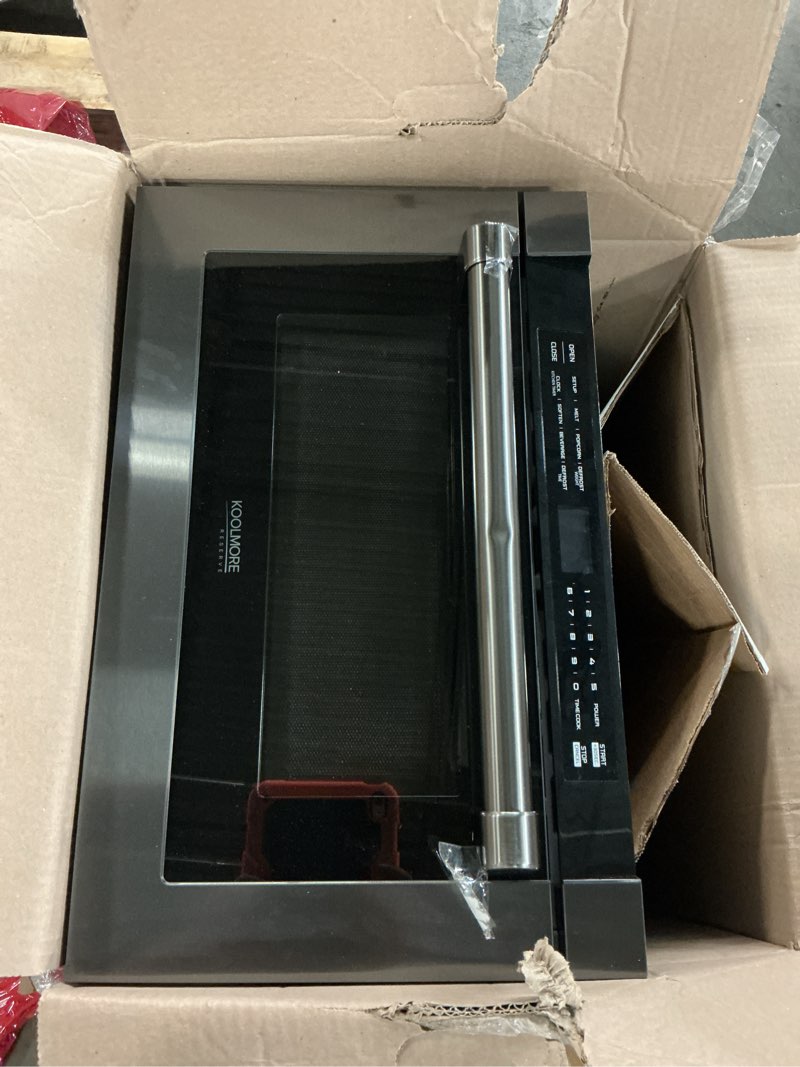 Condition photo showing As Is for koolmore 24 inch stainless-steel microwave drawer with 1.2 cu. ft. capacity, 1000w power with 10 custom cooking levels, memory, and timer functions, wall-mounted with flat bottom (km-md-1ss) drawer 24 in/1.2 cu. ft.