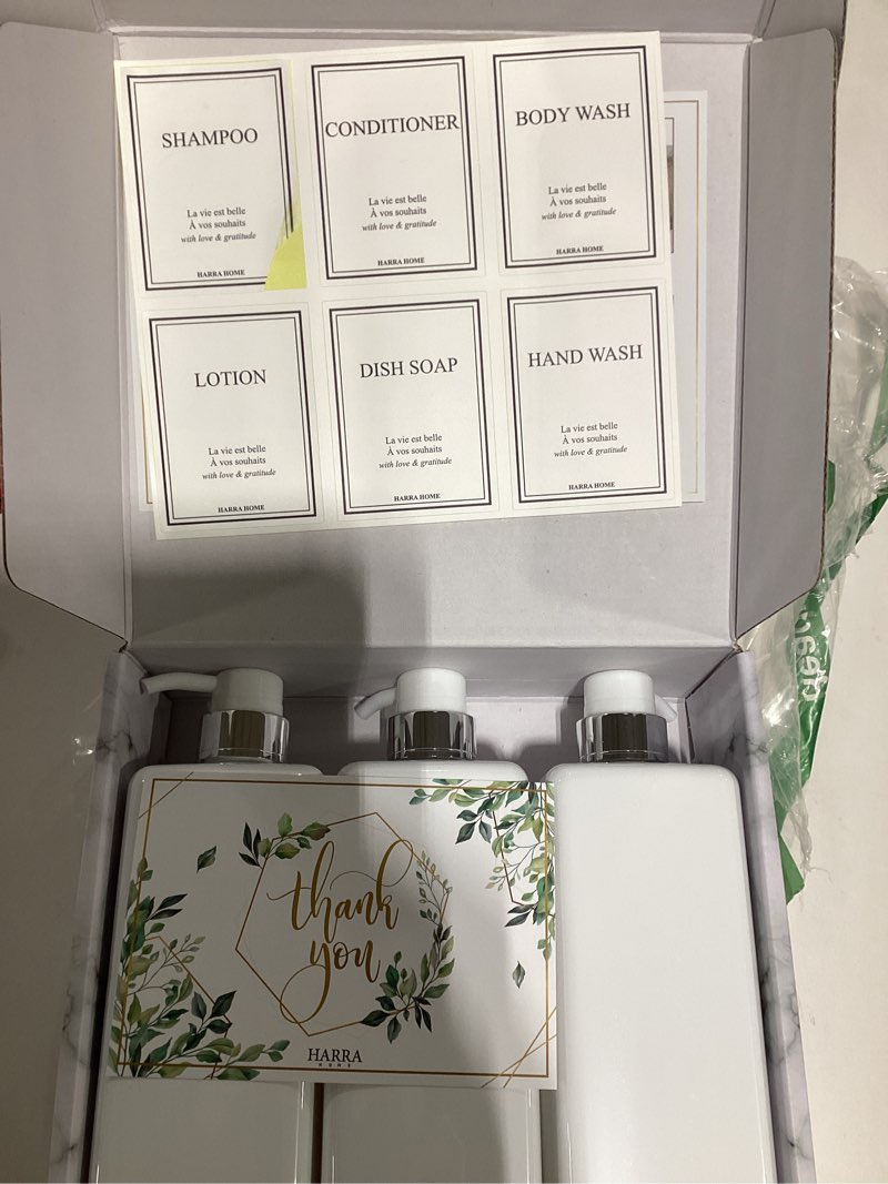 Condition photo showing New/Like New for shampoo and conditioner dispenser - modern design large 27oz shower soap dispenser set of 3, refillable empty plastic pump bottles for bathroom, 6 waterproof labels included, white & silver