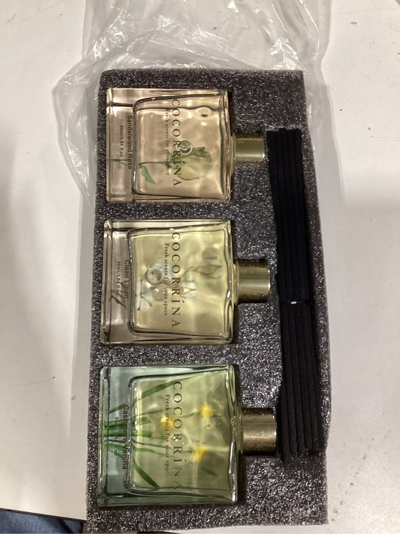Condition photo showing Good Condition for cocorrína reed diffuser set of 3-3 pack/ 3.04 fl.oz diffuser with 24 sticks cashmere vanilla/sandalwood rose/clean linen reed diffuser for home bathroom office decor cashmere vanilla/ sandalwood rose/ clean linen 3x 3.04 fl oz