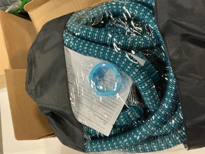 Condition photo showing As Is for 100 ft expandable garden blue hose - durable 3750d fabric, 4-layer latex core, solid brass connectors exp