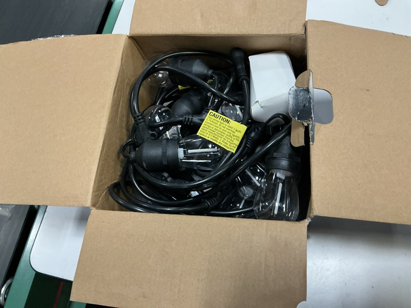 Condition photo showing As Is for 26ft outdoor string lights, outdoor lights for patio,with 12+2 led rgbw color change,3000k bright white waterproof bulbs, dimmer & remote, customized 12 colors & 4 modes, for backyard decor