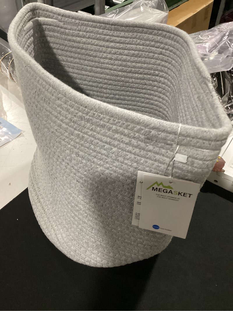 Condition photo showing New/Like New for megasket grey plant basket, woven basket planter for 10 inch pot, round indoor tree pot cover, small gray storage bin organizer, decorative planter and home decor, 11”x11” gray 11" x 11"